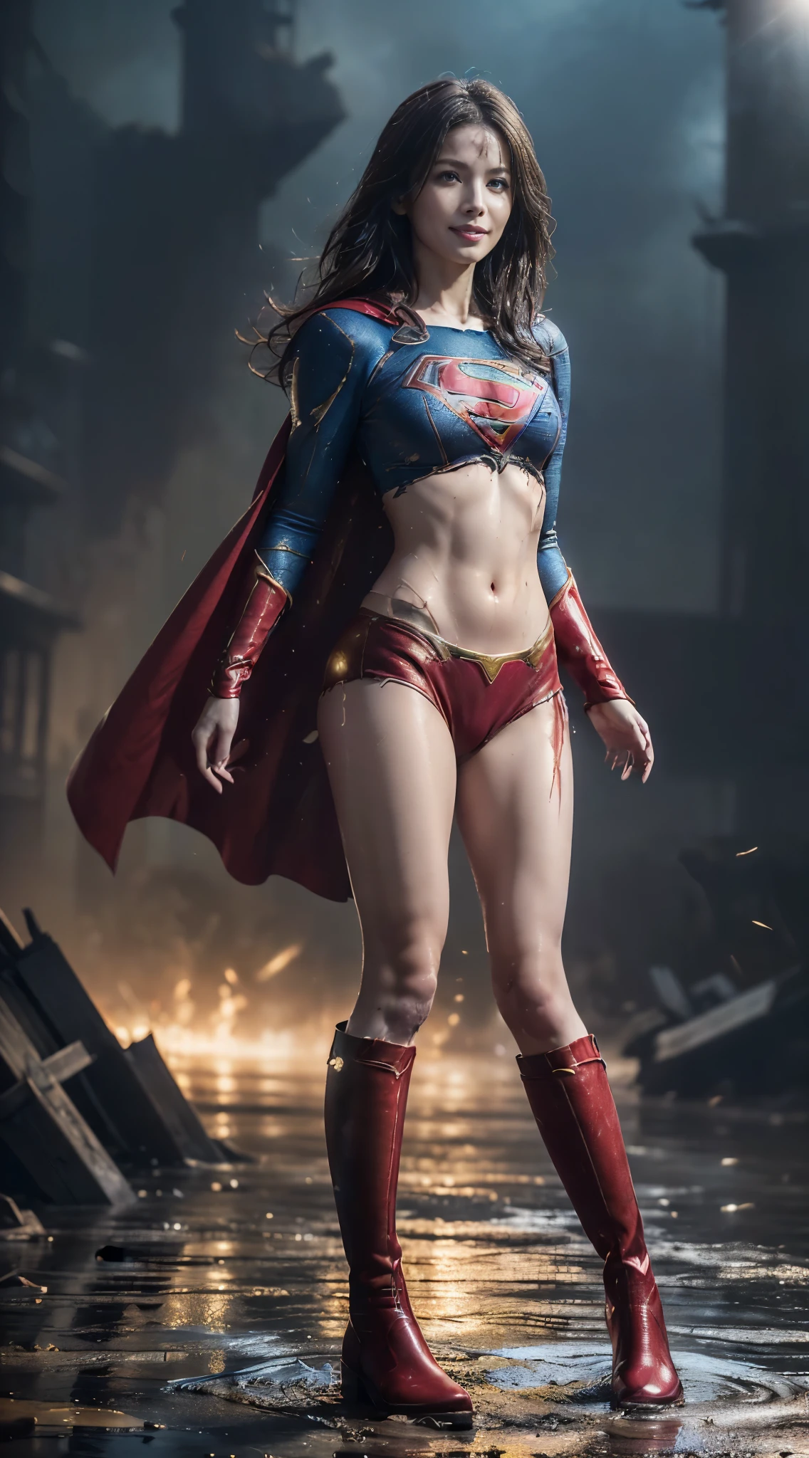 no background、short hair、supergirl costume、Snug costume、(((stretch your legs、tall、Legally express the beauty of your smile)))、((((Get the most out of your original images)))、(((supergirl costume、torn、Tattered、being destroyed)))、(((beautiful hair)))、(((I&#39;m in pain)))、(((Legs must be worn with black tights)))、(((must wear red boots、being destroyed)))、((Highest image quality、8K))、((highest quality、8K、masterpiece:1.3))、(((keep background )))、clear focus:1.2、beautiful woman with perfect figure:1.4、Full of scars、bloody、full of blood、slender abs:1.2、wet body:1.5、Highly detailed face and skin texture、8K