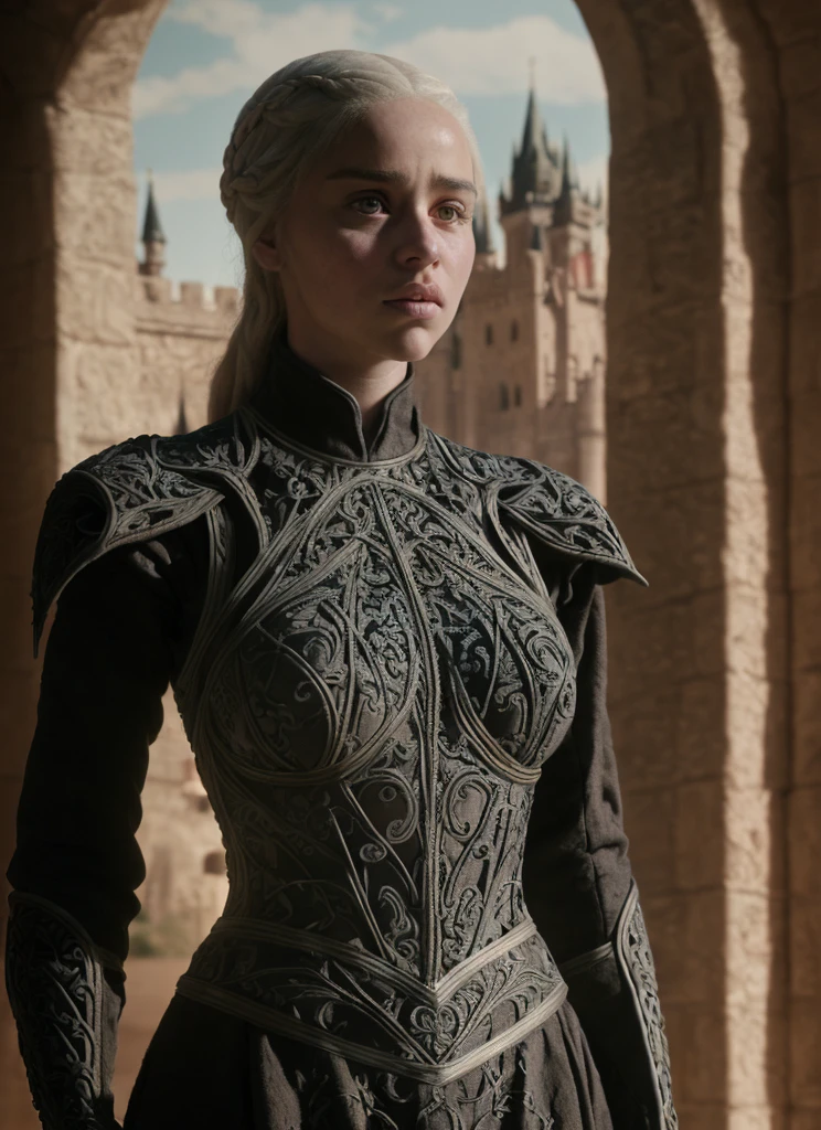 from Game of Thrones  (masterpiece), (extremely intricate:1.3), (realistic), portrait of a girl, the most beautiful in the world, (medieval armor), metal reflections, upper body, outdoors, intense sunlight, far away castle, professional photograph of a stunning woman detailed, sharp focus, dramatic, award winning, cinematic lighting, octane render, unreal engine, volumetrics dtx