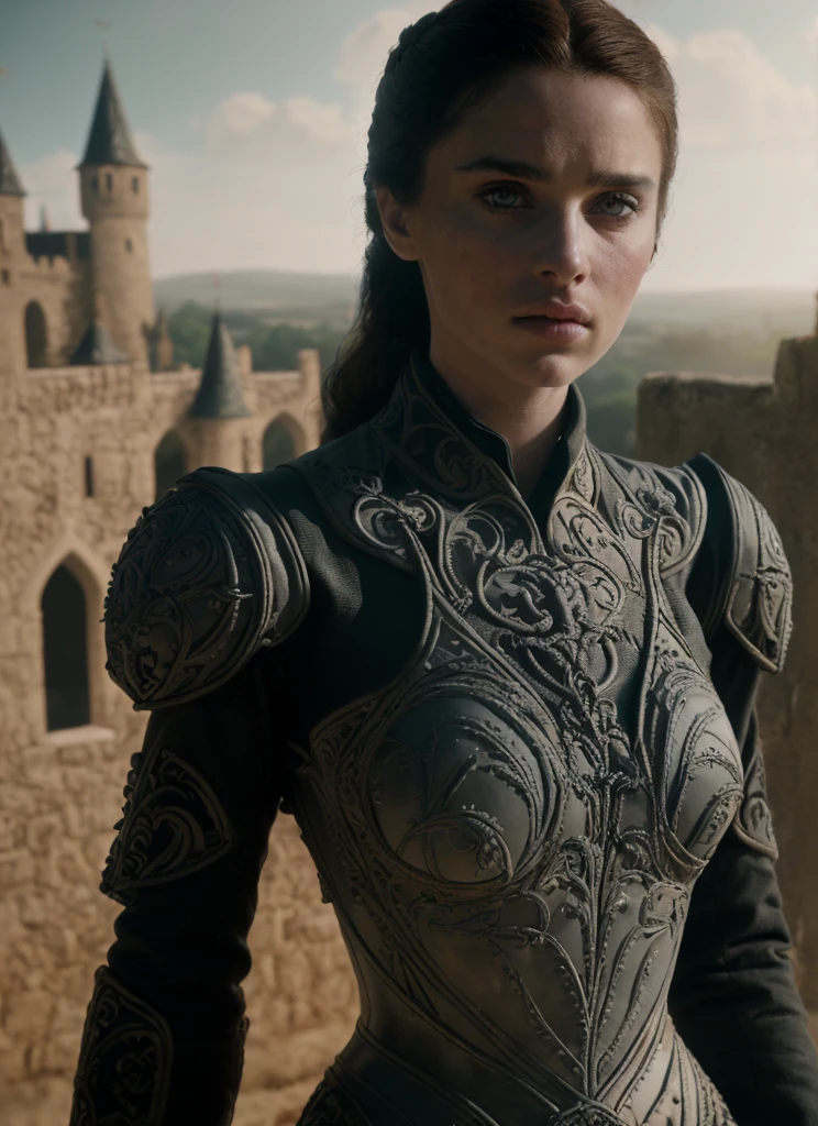 from Game of Thrones (masterpiece), (extremely intricate:1.3), (realistic), portrait of a girl, the most beautiful in the world, (medieval armor), metal reflections, upper body, outdoors, intense sunlight, far away castle, professional photograph of a stunning woman detailed, sharp focus, dramatic, award winning, cinematic lighting, octane render, unreal engine, volumetrics dtx