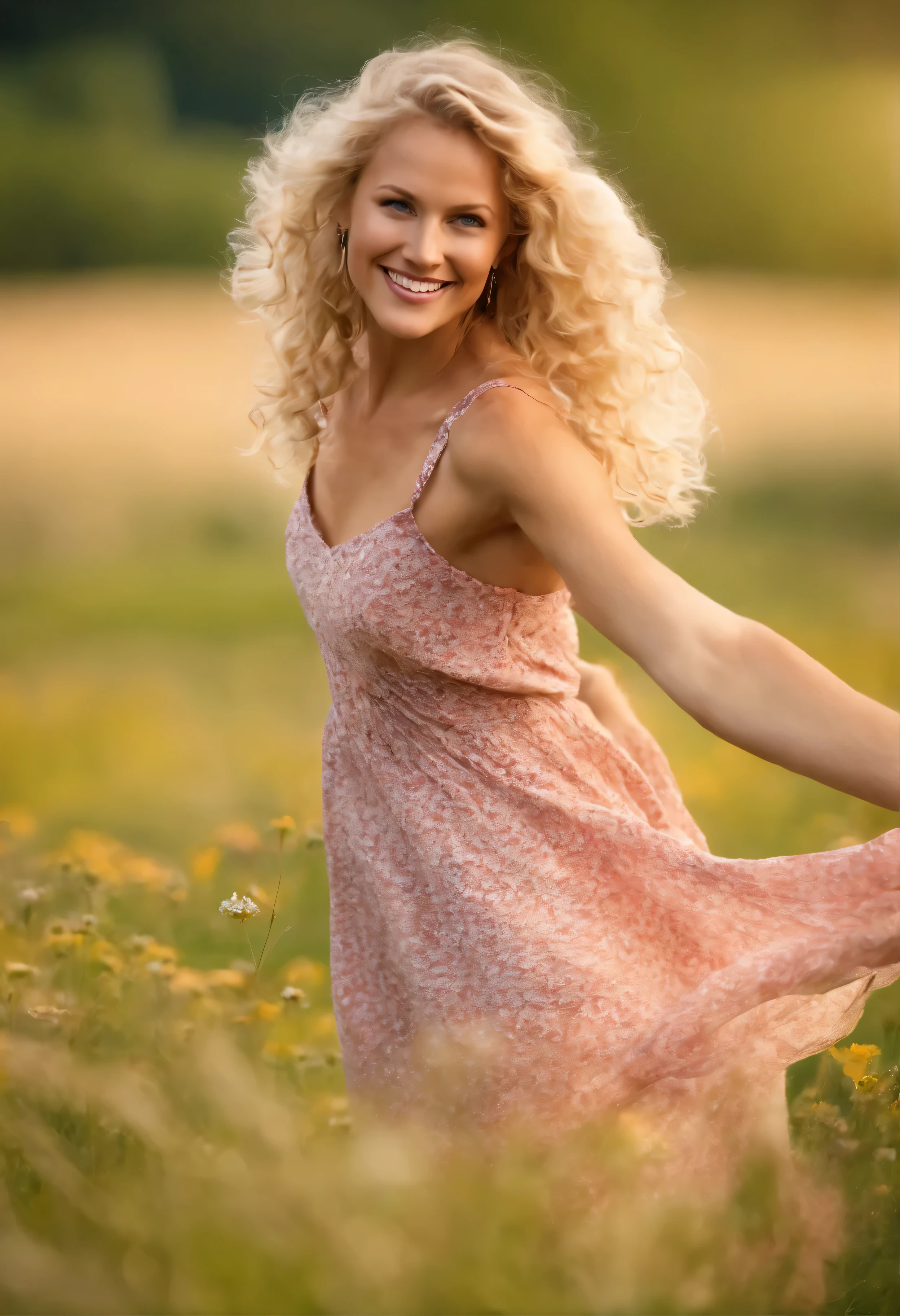 beautiful blonde Swedish lady, green eyes, smiling, Lockige haare, Tanzen auf einer Wiese, Sommerkleid