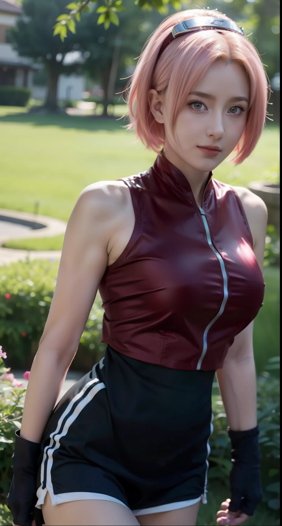 (masterpiece), (best quality), 8k resolution, 1girl, Haruno sakura ,in anime (Naruto) , realistic ,Higt photos HDR ,beautiful girl, stunning beauty, mature female, 30yo, perfect body, nightgown, belly waist chain, smile, indoor, pink short hair , A beautiful girl ,cute teenage girl ,face glowing salting , realistic girl ,short hair