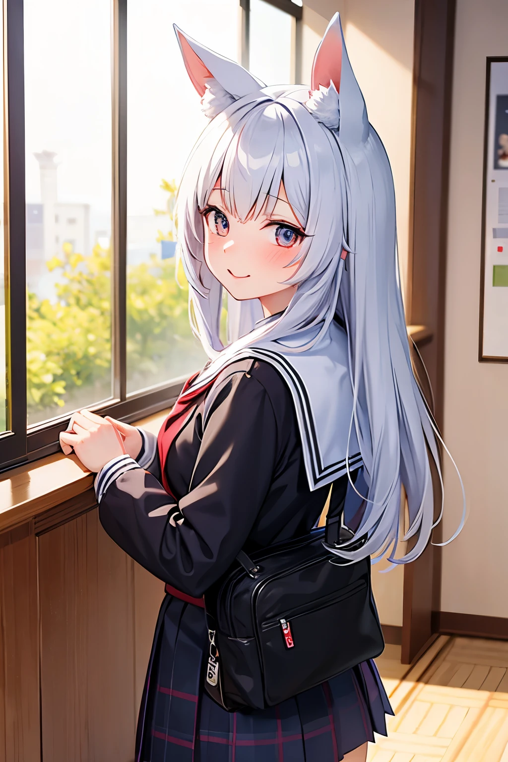 school girl neko, with ears, japanese school interior background