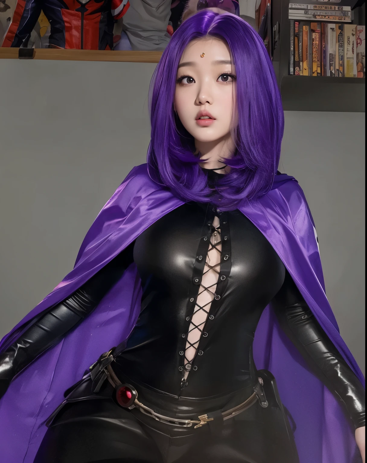 Wonyoung from IVE face, foto realista, ultra HD, 8k, Raven Teen Titans costume, big juicy lips and big