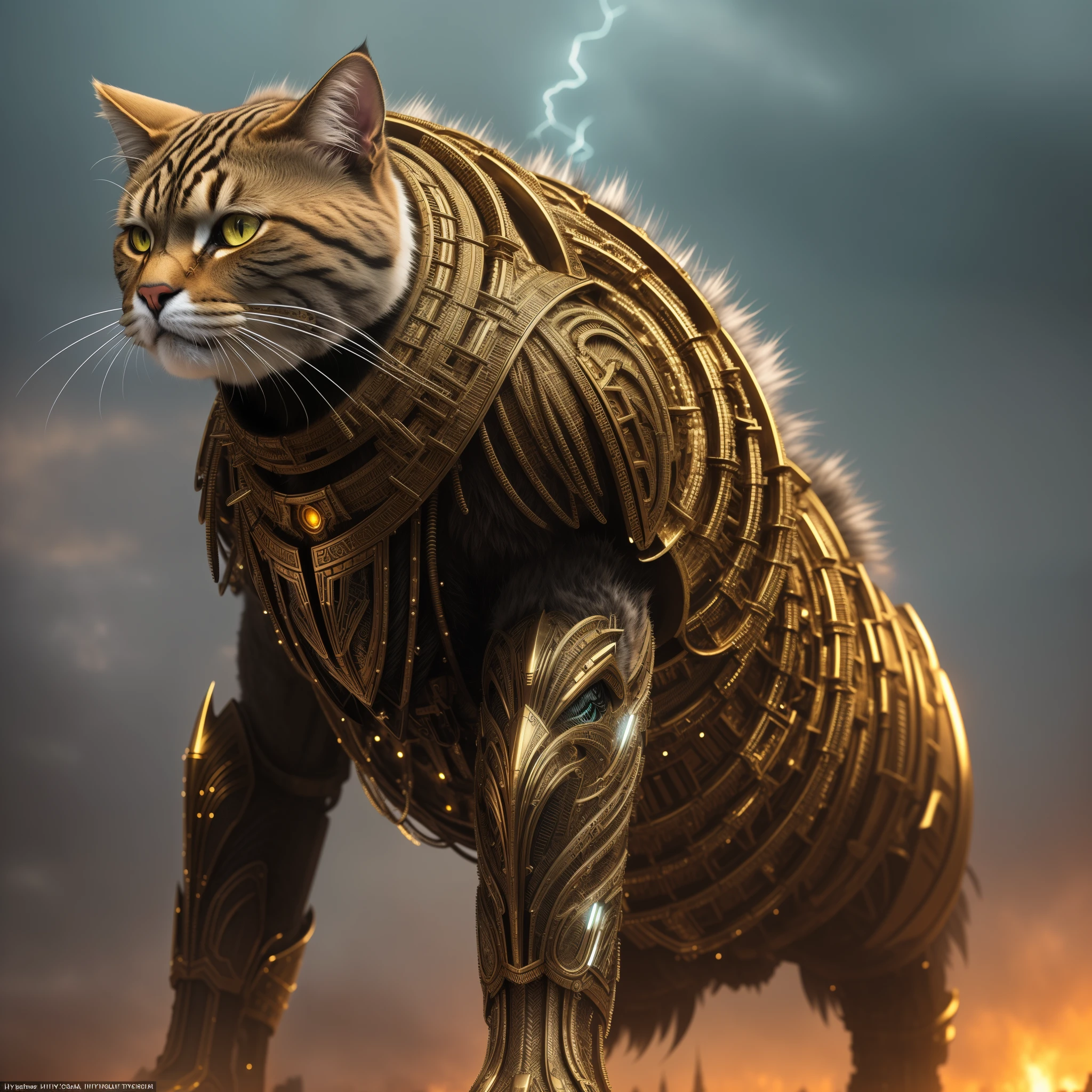 Mythical Titan Cat (cyborg: 1.1), (metallic fur: 1.3), (intricately detailed muscles), hdr, (intricately detailed, hyperdetailed: 1.2), cinematic shot, vignette, centered

The Mythical Titan Cat, a marvel of ancient engineering, is depicted in this scene as a towering figure of metal and machinery. Its cyborg body, gleaming with intricate wiring and detailed gears, gives an air of otherworldly power (cyborg: 1.1). The cat's metallic fur, shimmering under the harsh hdr lights, reveals the intricately detailed