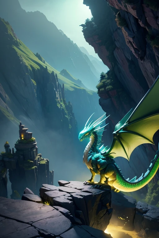 Chinese dragon flying over a mountain with a girl on top dragon dragon color green dragon with golden yellow