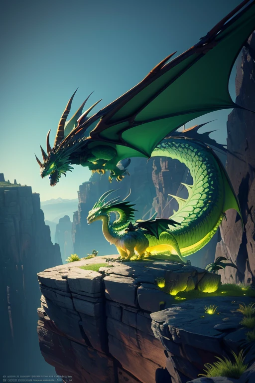 Dragon with wings on top of a cliff, color verde, fuego, llamas, lanzando llamas en la boca (obra maestra), Mejor calidad, high resolution, 4k, 8k, detailed illustration, detalle intrincado, cinematic lighting, amazing quality, Amazing shading, Soft lighting