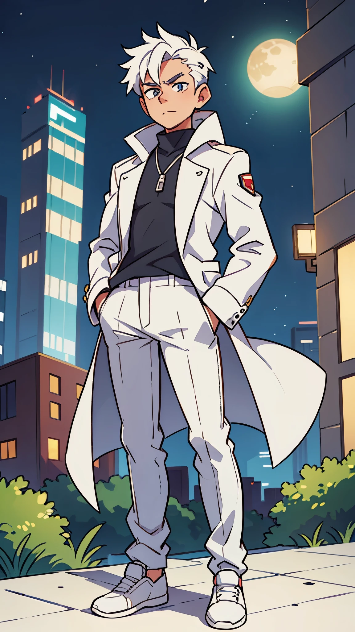 1 white haired male , hands in pockets , in a night city , wearing white jacket