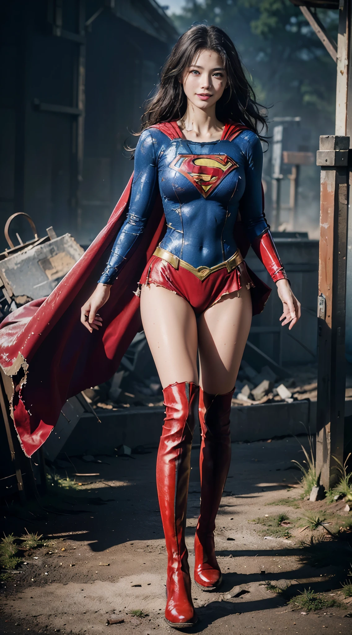 no background、short hair、supergirl costume、Snug costume、(((stretch your legs、tall、Legally express the beauty of your smile)))、((((Get the most out of your original images)))、(((supergirl costume、torn、Tattered、being destroyed)))、(((beautiful hair)))、(((I&#39;m in pain)))、(((Legs must be worn with black tights)))、(((must wear red boots、being destroyed)))、((Highest image quality、8K))、((highest quality、8K、masterpiece:1.3))、(((keep background )))、clear focus:1.2、beautiful woman with perfect figure:1.4、Full of scars、bloody、full of blood、slender abs:1.2、wet body:1.5、Highly detailed face and skin texture、8K