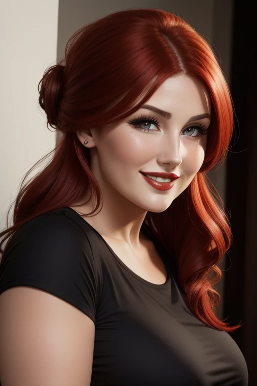 lucy pinder, face portrait, face, smiling, red hair, chignon, red lipstick, black t.shirt, very chubby woman.