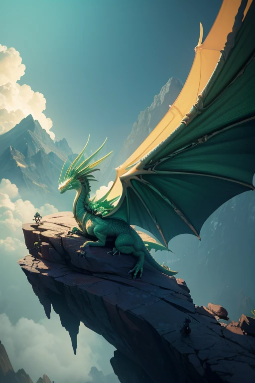 Dragon with wings on top of a cliff, color verde, fuego, llamas, lanzando llamas en la boca (obra maestra), Mejor calidad, high resolution, 4k, 8k, detailed illustration, detalle intrincado, cinematic lighting, amazing quality, Amazing shading, Soft lighting