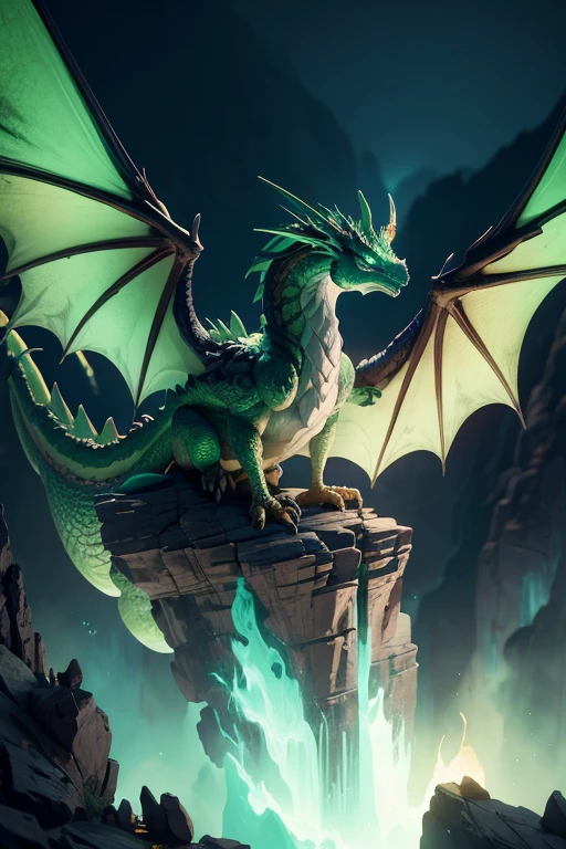 Dragon with wings on top of a cliff, color verde, fuego, llamas, lanzando llamas en la boca (obra maestra), Mejor calidad, high resolution, 4k, 8k, detailed illustration, detalle intrincado, cinematic lighting, amazing quality, Amazing shading, Soft lighting