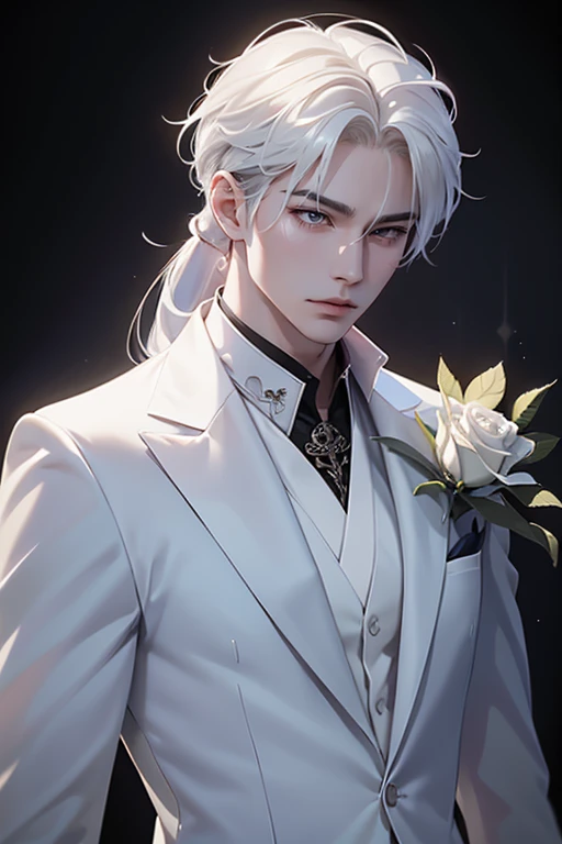 there is a man with white hair and a white suit holding a rose, by Yang J, ig model | artgerm, extremely detailed white haired deity, beautiful androgynous prince, neoartcore and charlie bowater, epic exquisite male character art, approaching perfection, shot with Sony A7 IV for HD image quality, 办公室