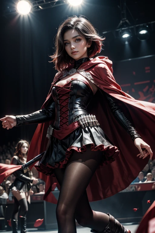 (masterpiece,stunning girlfriend, (standing:1.1), dynamic pose, heart shaped face, elegant face, beautiful face, highly detailed face, highly detailed skin, skin pores, subsurface scattering, realistic pupils, loving smile, looking at viewer, full face blush, full lips, detailed background, depth of field, atmospheric perspective, volumetric lighting, sharp focus, absurdres, realistic proportions, good anatomy, (realistic, hyperrealistic:1.4), 16k hdr, (masterpiece, best quality), 1girl, ruby_rose, cape, dress, red cape, crescent rose, boots, pantyhose, hood, petals, corset, standing on stage, audience, crowd