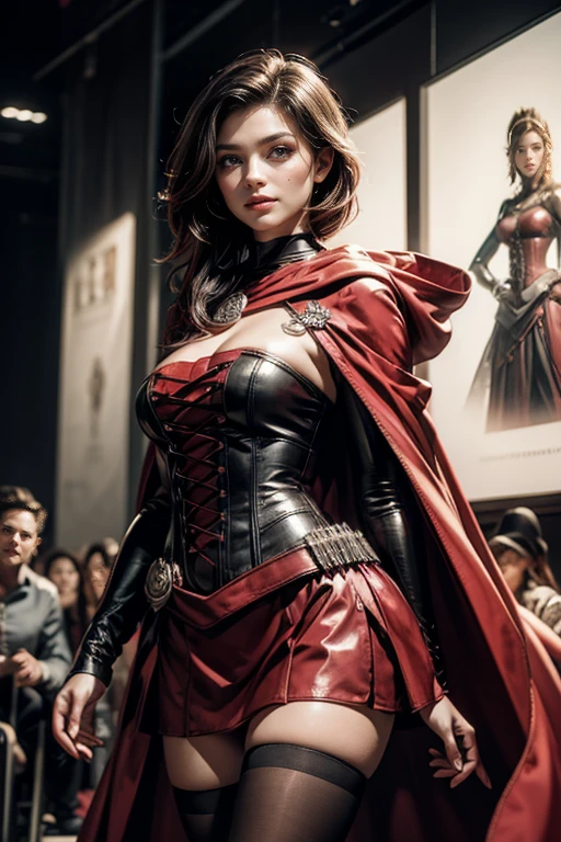 (masterpiece,stunning girlfriend, (standing:1.1), dynamic pose, heart shaped face, elegant face, beautiful face, highly detailed face, highly detailed skin, skin pores, subsurface scattering, realistic pupils, loving smile, looking at viewer, full face blush, full lips, detailed background, depth of field, atmospheric perspective, volumetric lighting, sharp focus, absurdres, realistic proportions, good anatomy, (realistic, hyperrealistic:1.4), 16k hdr, (masterpiece, best quality), 1girl, ruby_rose, cape, dress, red cape, crescent rose, boots, pantyhose, hood, petals, corset, standing on stage, audience, crowd