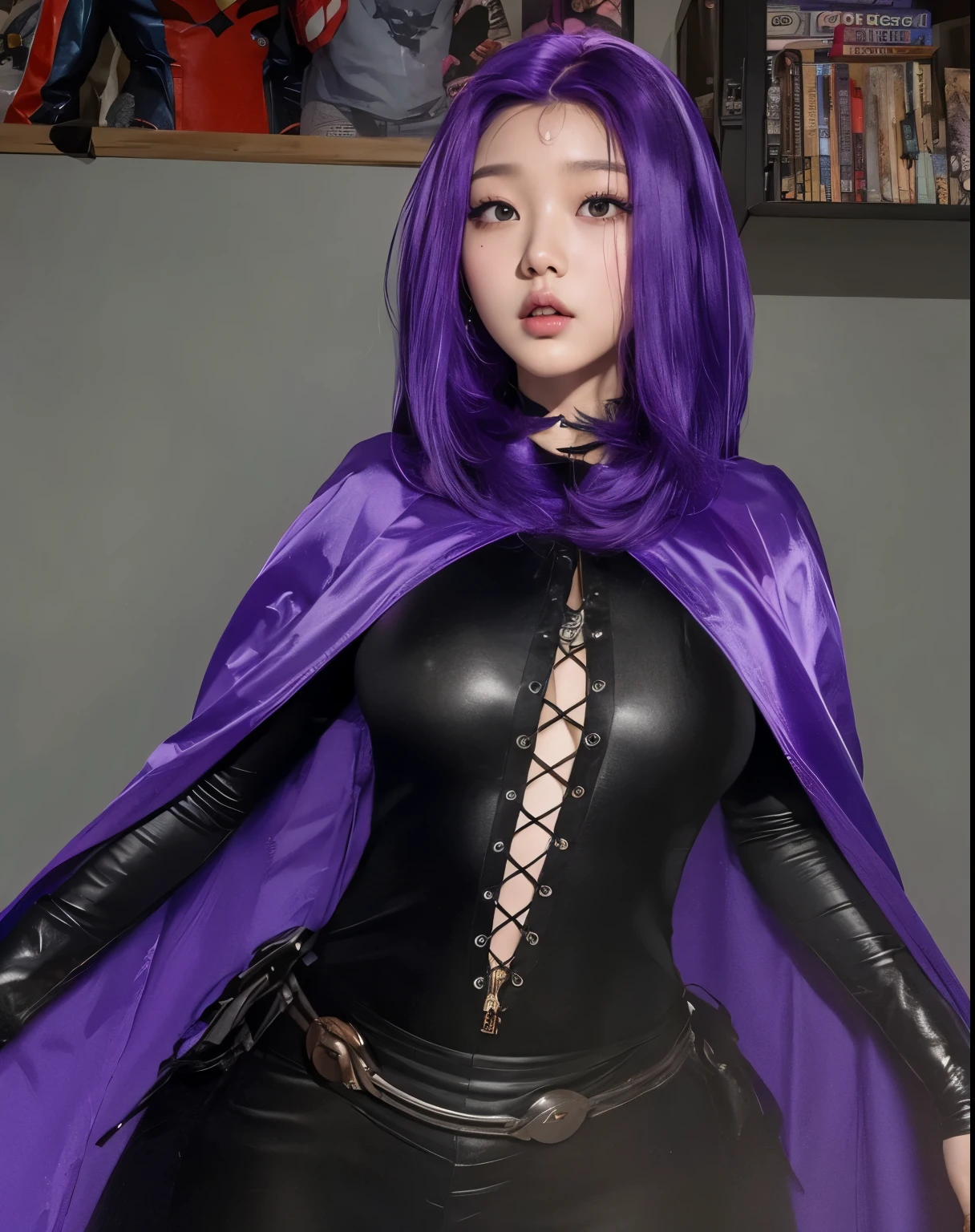 Wonyoung from IVE face, foto realista, ultra HD, 8k, Raven Teen Titans costume, big juicy lips and big 