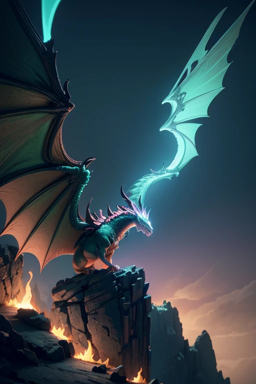 Dragon with wings on top of a cliff, color verde, fuego, llamas, lanzando llamas en la boca (obra maestra), Mejor calidad, high resolution, 4k, 8k, detailed illustration, detalle intrincado, cinematic lighting, amazing quality, Amazing shading, Soft lighting