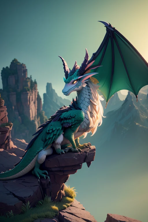 Dragon with wings on top of a cliff, color verde, fuego, llamas, lanzando llamas en la boca (obra maestra), Mejor calidad, high resolution, 4k, 8k, detailed illustration, detalle intrincado, cinematic lighting, amazing quality, Amazing shading, Soft lighting