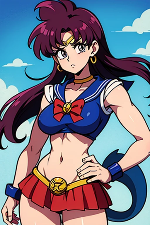 1990s_\(style\), sailor moon anime style, retro anime, masterpiece, best quality, 1girl, cowboy shot, Jane Shepard, FemShep, short hair, red hair, green eyes, black power armor, N7,