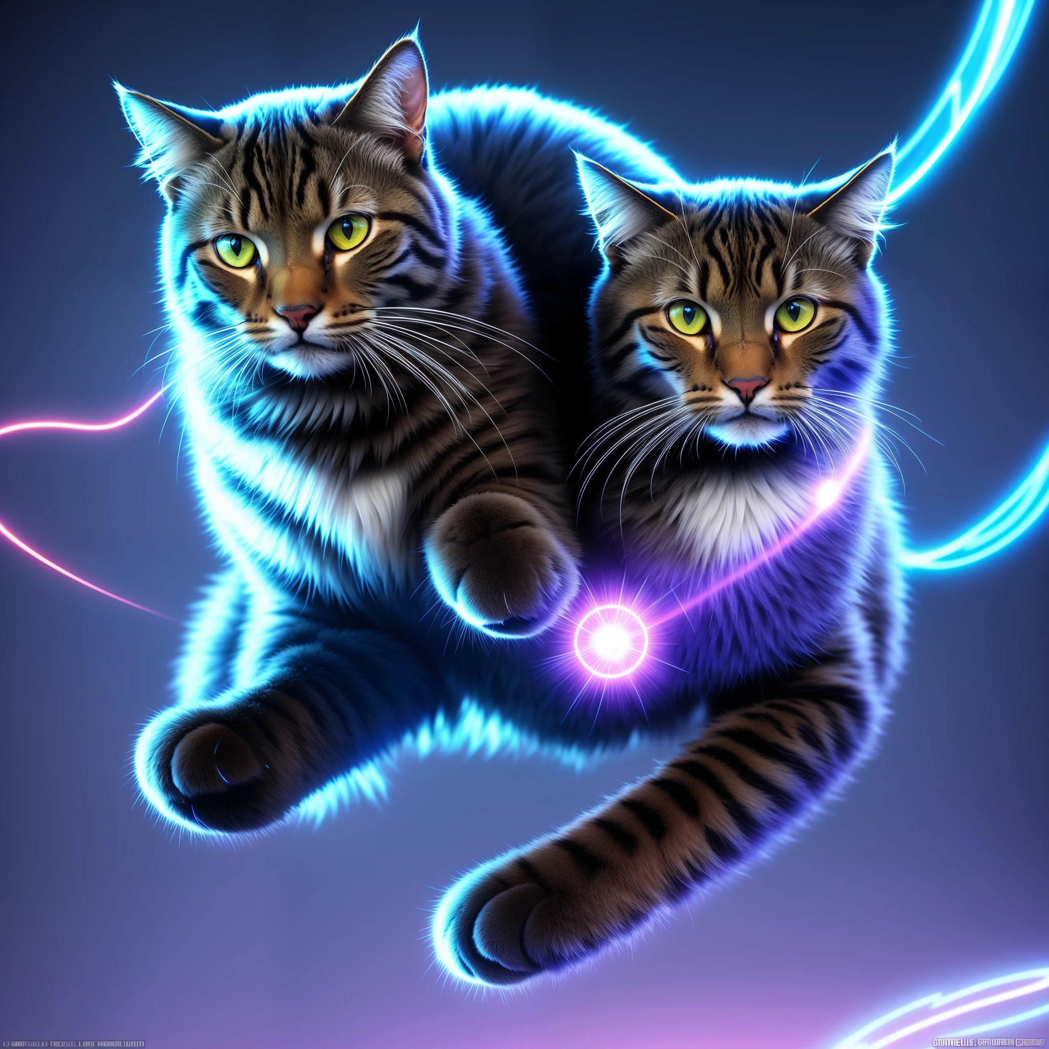 A superb creation of a feline, superfeline:1.0, (detailed fur:1.3), (vibrant colors:1.2), holographic, hyperrealistic, cybernetic, intricately designed, cunning and agile, sleek and shining, hdr, (ultra-detailed:1.1), cinematic shot, dynamic pose, mid-air leap, captivating and mysterious, laser eyes, robotic enhancements, lifelike expressions, fascinating and awe-inspiring, superhero companion.