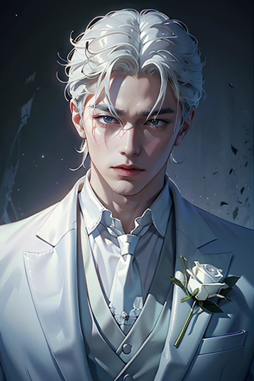 there is a man with white hair and a white suit holding a rose, by Yang J, ig model | artgerm, extremely detailed white haired deity, beautiful androgynous prince, neoartcore and charlie bowater, epic exquisite male character art, approaching perfection, shot with Sony A7 IV for HD image quality, 办公室