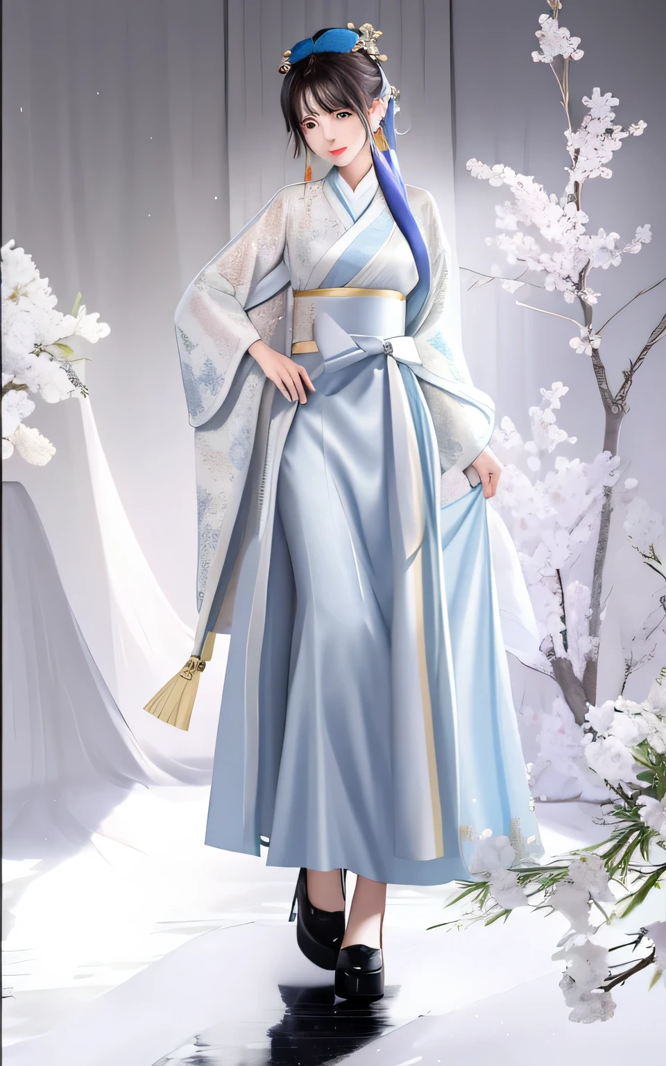 There is a woman in a gray dress holding a cup of coffee, Gorgeous silver dress, soft silk dress, long dress with apron, fashion dress, Long skirt woman, transparent gray dress, dress, ediya clothing, elegant dress, elegant dress, picture, Beautiful soft silk dress, dignified and elegant dress, gray, silver garment, fashion clothing, hakama kimono