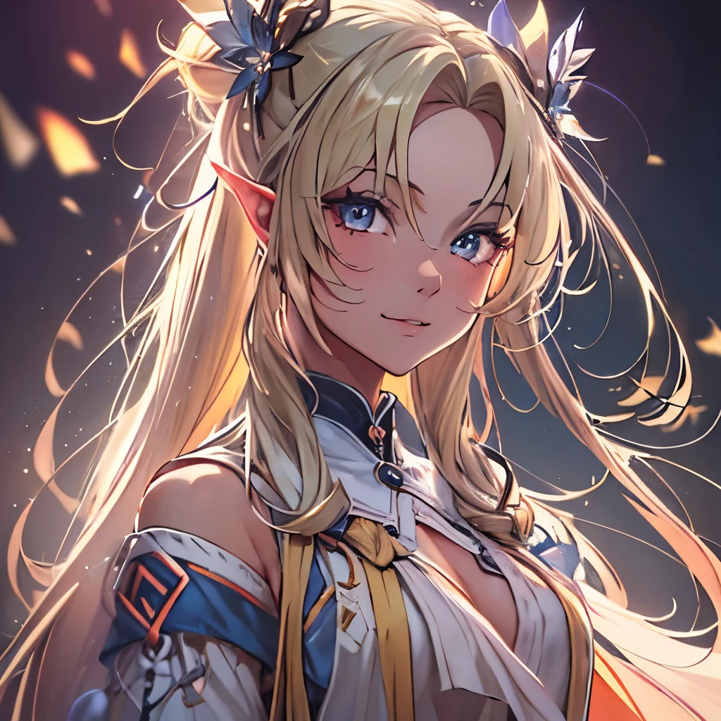 (masterpiece), 8k cg, stunningly beautiful girl, intricate details, chromatic aberration, ((bust shot)), ((looking at viewer)), 1girl, Shiranui Flare, (long Ponytail, (blonde hair)),extremely beautiful and delicate portrait, cute face, wide smile, joyful, soft cheeks, blush, makeup, absurdres, cinematic lighting, dynamic lighting, fantasy, ((dark background, fog))