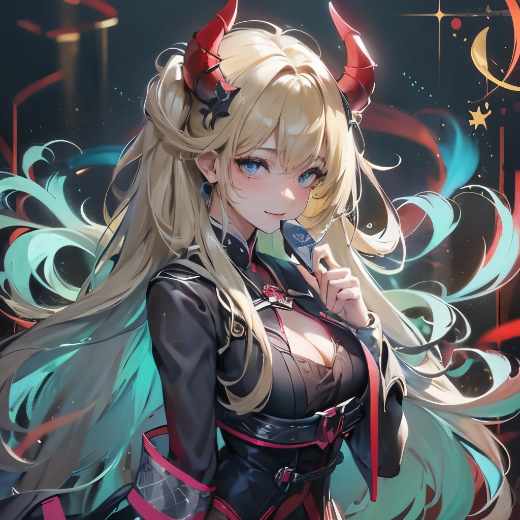 (masterpiece), 8k cg, stunningly beautiful girl, intricate details, chromatic aberration, ((bust shot)), ((looking at viewer)), 1girl, Yuzuki Choco, (long wavy hair, (Blonde hair) Devil Horns, Teacher, Devil Tail, Blue Eyes), Devil Wings, extremely beautiful and delicate portrait, wide smile, joyful, soft cheeks, blush, makeup, absurdres, cinematic lighting, dynamic lighting, fantasy, ((dark background, fog))