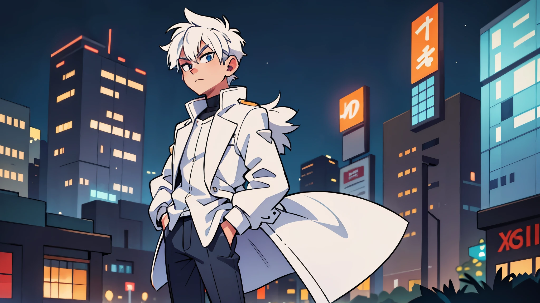 1 white haired male , hands in pockets , in a night city , wearing white jacket