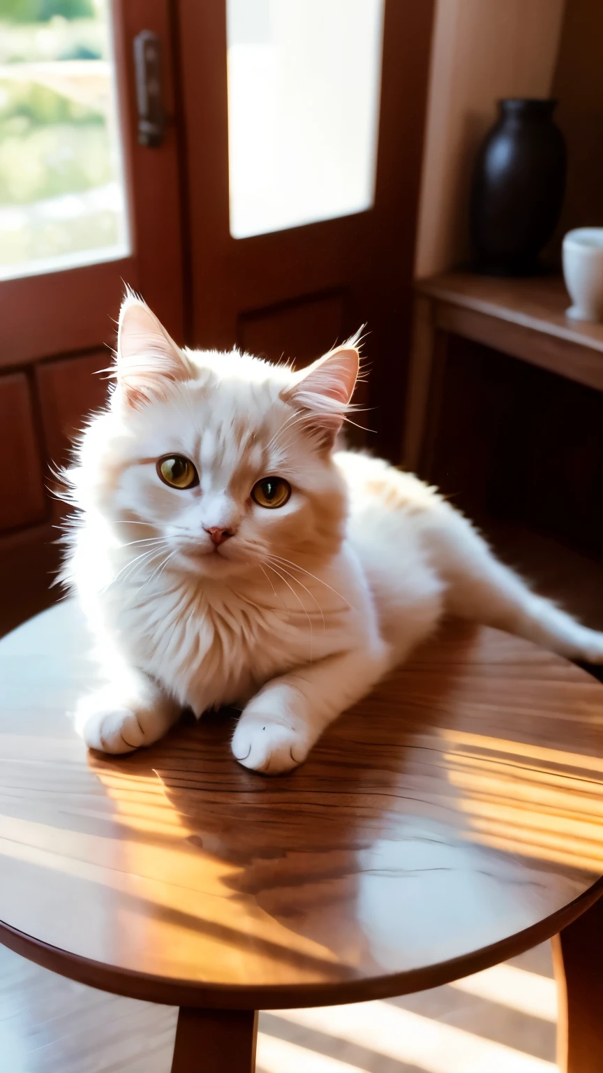 Cat, (Himalayan), (Small)))), in a teacup, Face, Front paws out, 8K, Professional photo, Delicate, Clear, On the table, Inside the house, Sunshine, Light Leak, Masterpiece, ((Pretty))), Fashionable Teacup, (Reality), Plush Toy, Round Pupils