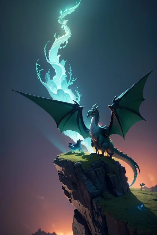 Dragon with wings on top of a cliff, color verde, fuego, llamas, lanzando llamas en la boca (obra maestra), Mejor calidad, high resolution, 4k, 8k, detailed illustration, detalle intrincado, cinematic lighting, amazing quality, Amazing shading, Soft lighting