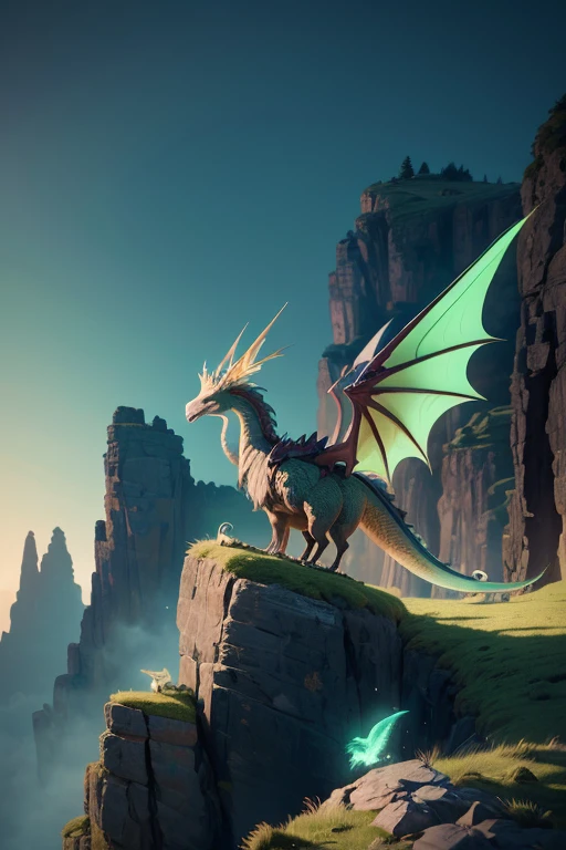 Dragon with wings on top of a cliff, color verde, fuego, llamas, lanzando llamas en la boca (obra maestra), Mejor calidad, high resolution, 4k, 8k, detailed illustration, detalle intrincado, cinematic lighting, amazing quality, Amazing shading, Soft lighting