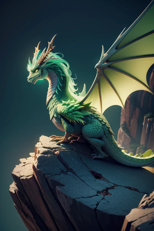 Dragon with wings on top of a cliff, color verde, fuego, llamas, lanzando llamas en la boca (obra maestra), Mejor calidad, high resolution, 4k, 8k, detailed illustration, detalle intrincado, cinematic lighting, amazing quality, Amazing shading, Soft lighting