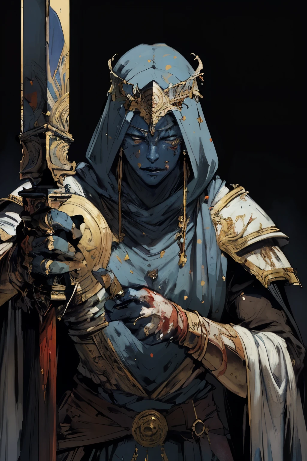 masterpiece:1.2, best quality, ultra detailed,  absurdres, blood splatter,  (action shot), crusader, covered in heavy layers of elegant and colorful armor, elegant headdress over hood, Leper King style, centered, in the style of Kentaro Miura, (blue skin), disfigured face, 1male,male_focused, 