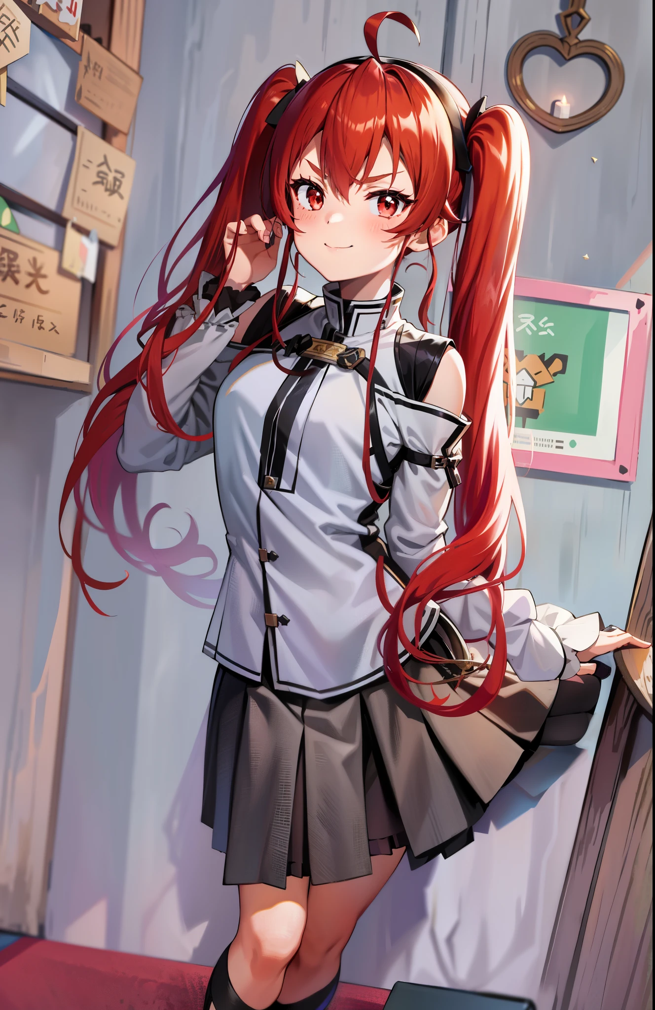 Eris Greyrat, (1 girl:1.3), solo, Ahoge, bangs, bare shoulders, black hair band, smile, sit on a chair, (hand between legs:1.3), hair between eyes, hair band, long hair, long sleeve, looking at the viewer, red eyes, redhead, idol costume, ruffle skirt, (Skirt below the knee:1.3), alone, High resolution, Harm, mushoku tensei, cowboy shot, (twin tails:1.3)