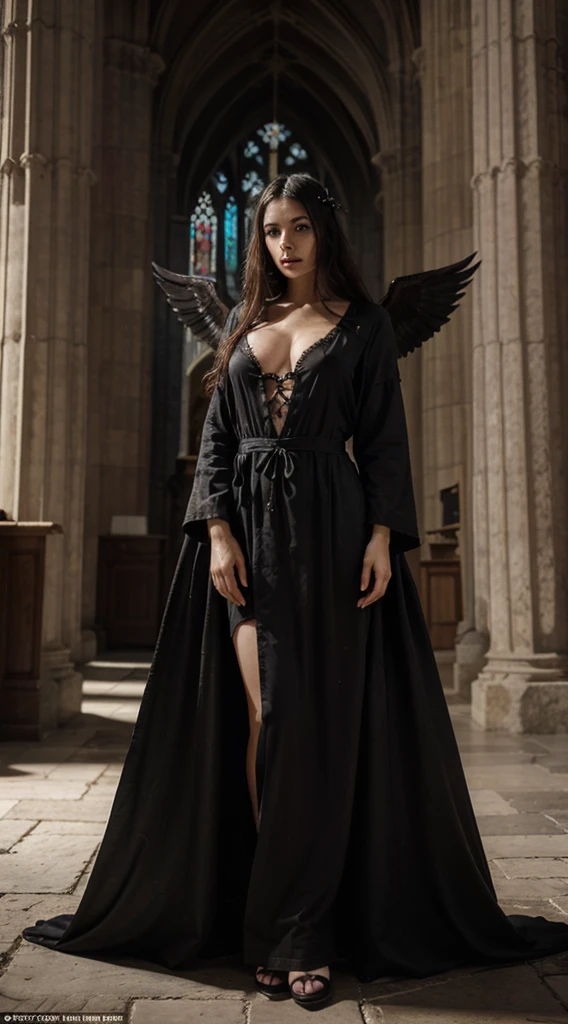 beautiful, perfect skin, beautiful, fallen angel with black wings, Roman robe, in an ancient and huge gothic cathedral, ultra realistic, photo-like appearance, high resolution, highly detailed, RAW style.