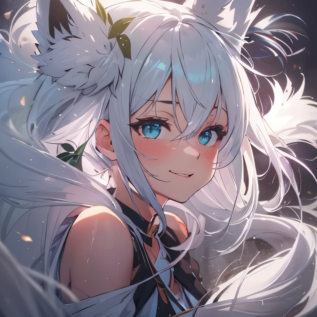 (masterpiece), 8k cg, stunningly beautiful girl, intricate details, chromatic aberration, ((bust shot)), ((looking at viewer)), 1girl, Shirakami Fubuki, (long hair, (White hair) White Fox Ears),extremely beautiful and delicate portrait, cute face, wide smile, joyful, soft cheeks, blush, makeup, absurdres, cinematic lighting, dynamic lighting, fantasy, ((dark background, fog))