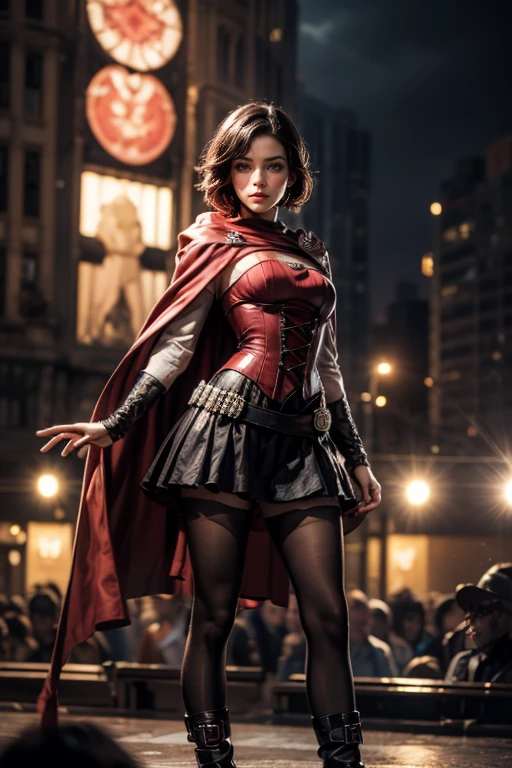 (masterpiece,stunning girlfriend, (standing:1.1), dynamic pose, heart shaped face, elegant face, beautiful face, highly detailed face, highly detailed skin, skin pores, subsurface scattering, realistic pupils, loving smile, looking at viewer, full face blush, full lips, detailed background, depth of field, atmospheric perspective, volumetric lighting, sharp focus, absurdres, realistic proportions, good anatomy, (realistic, hyperrealistic:1.4), 16k hdr, (masterpiece, best quality), 1girl, ruby_rose, cape, dress, red cape, crescent rose, boots, pantyhose, hood, petals, corset, standing on stage, audience, crowd
