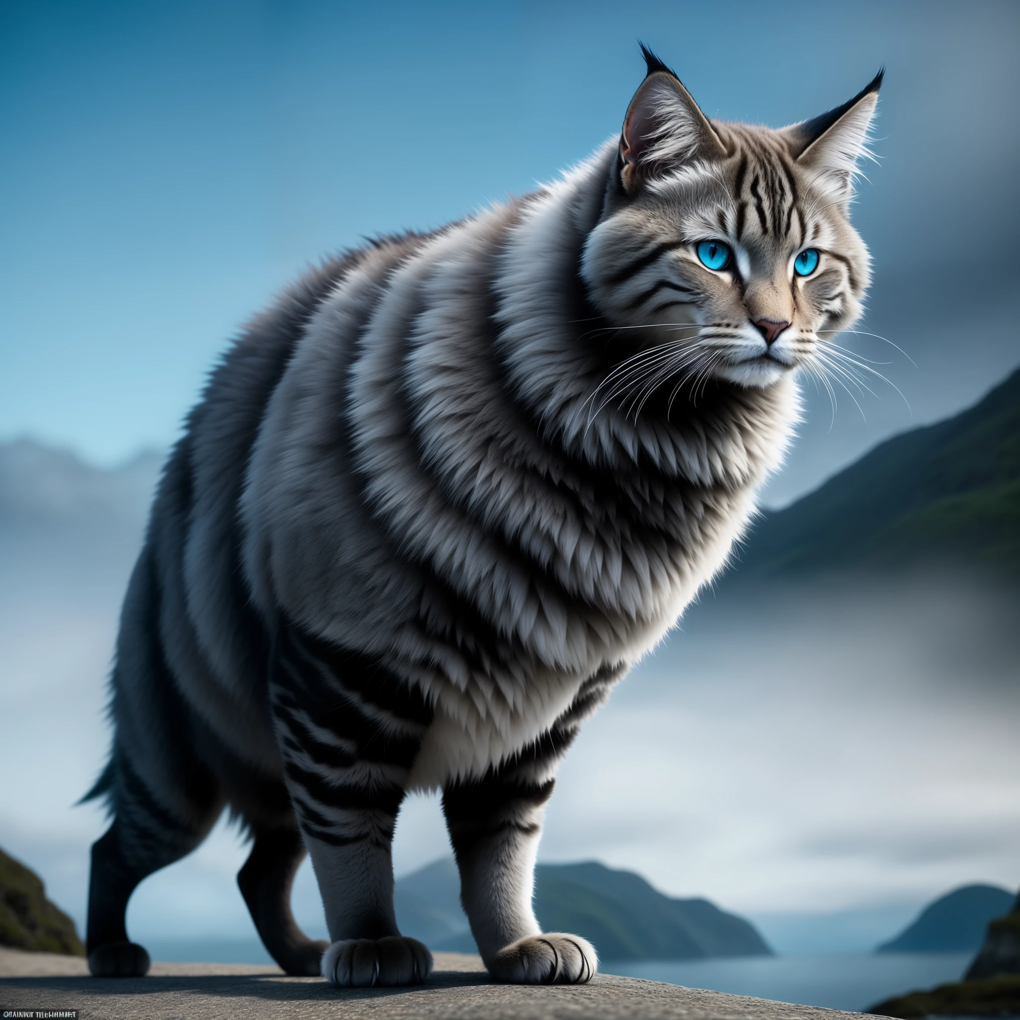A magnificent Viking cat, crafted with meticulous attention to detail, emerged from the mist (intriguing:1.1). With piercing blue eyes and a bushy, ornate tail adorned with intricate Viking patterns (decorative:1.3), this fearsome feline displayed both grace and brutality (contrasting:1.2). The sun glinted off its metallic fur, reflecting in its eyes like the shimmering waves of the fjord (HDR:1.3). A cinematic shot captured its regal pose, with one paw raised as if ready to wield a mighty Viking sword (dramatic:1.1). The