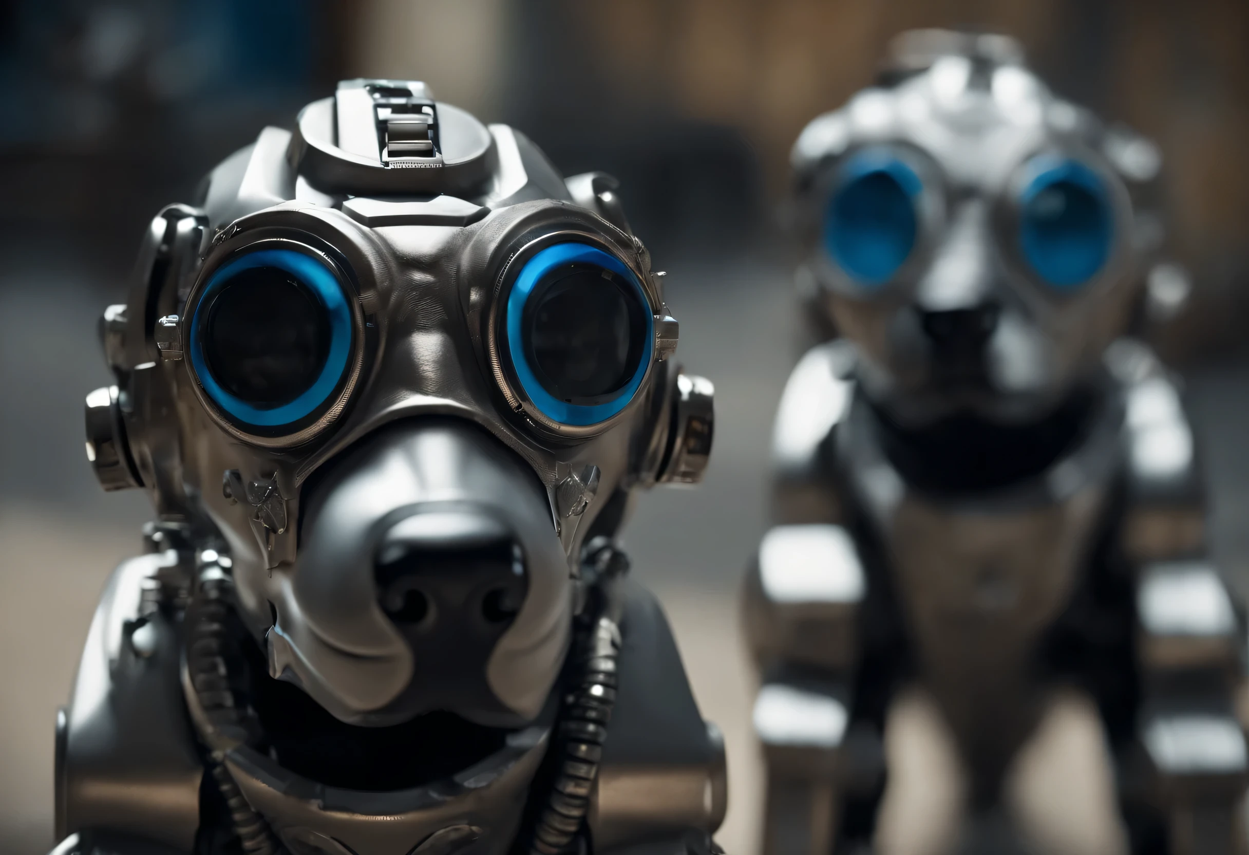 (Antropomorfismo:1.5),(Tiro de corpo inteiro), ciberpunk, no meio, 1 mecha de cachorro cinza(Mechanical style gray dog head, Bright blue glasses, gas mask), standing on two legs, mechanical miracle, damaged machine element,nobody, fora, brilho sonhador, cidade arruinada, ( global illumination, rastreamento de raio, HDR, unrealistic rendering,Reasonable design, obra de arte, melhor qualidade, Ultra-HD, cinematic lighting)