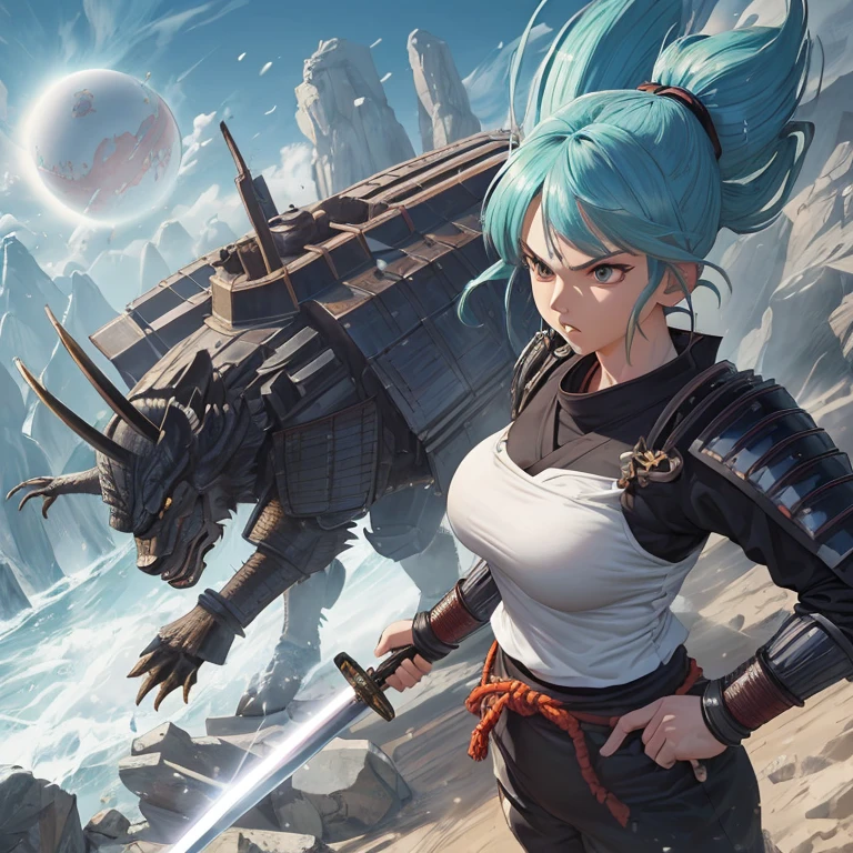 Picture Prompt: Bulma, Ronin Samurai, Big Tits
(Anime-inspired, energy ball, sci-fi vehicle, dragon balls, Bulma, Ronin Samurai, curvaceous figure, big tits, battle-ready, Japanese culture, sword in hand, armored, traditional samurai attire, dynamic lighting, high contrast, full-body shot, gleaming armor, determined expression, eye-catching, battle scene, intense focus, sharp edges, detailed fabric, expressive eyes, realistic pupils, long black hair, wild, flowing, windswept, adventurous spirit)
Bulma, the curvaceous anime heroine,