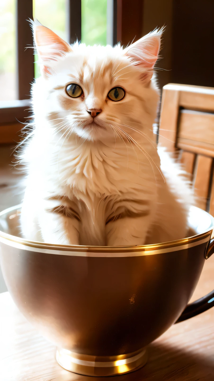Cat, (Himalayan), (Small)))), in a teacup, Face, Front paws out, 8K, Professional photo, Delicate, Clear, On the table, Inside the house, Sunshine, Light Leak, Masterpiece, ((Pretty))), Fashionable Teacup, (Reality), Plush Toy, Round Pupils