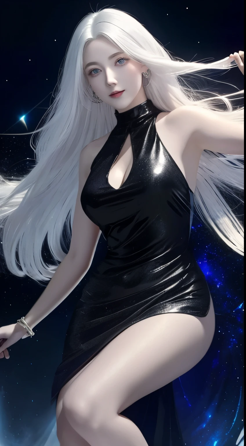 (simple hands:0.5)+(detailed hands:0.7), (masterwork), (best quality), white hair, red eyes,1girl, pale skin, white hair, red eyes, two tone hair, eyelashes, bracelet, jewelry, smile, gleaming skin, shiny hair, detailed and majestic stage, Fantasy, Long Hair, 1 girl, two-tone hair, night sky, Incredibly detailed CG illustration masterpiece, looking at you, anime, beautiful anime eyes, beautiful detailed eyes, eyes, glittering eyes, red eyes, galaxy, nebula, (full body), (curvy),