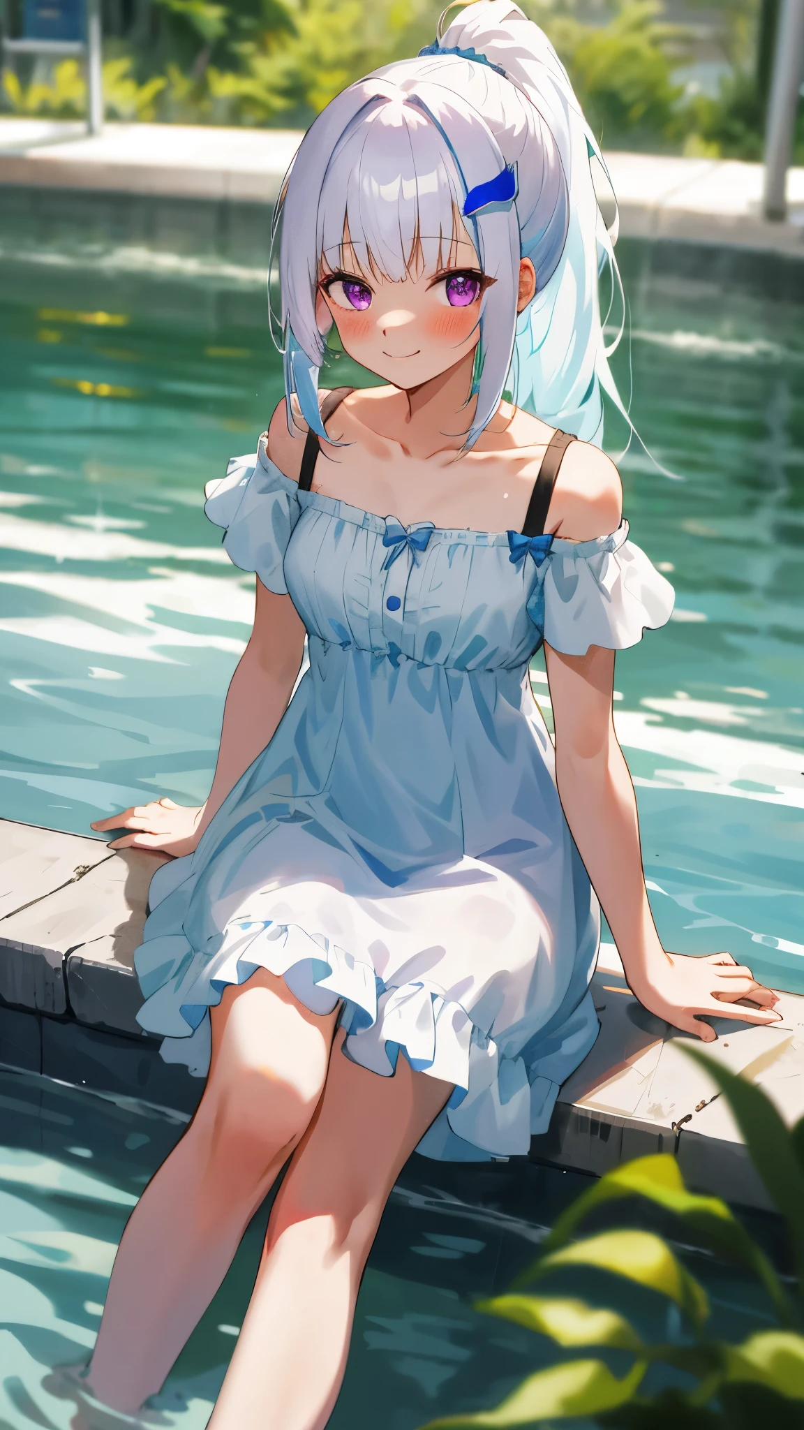 One girl with high ponytail hair, bangs, white hair, blue inner hair:1.25) , purple eyes, looking at viewer, blushing, little smile, outdoor, wet, sit and soak in the water, sitting, white dress, bare shoulders, collarbone, short sleeves, bare legs, mid-chest, day atmosphere, hair ornament, medium breasts, focus, blurry background,