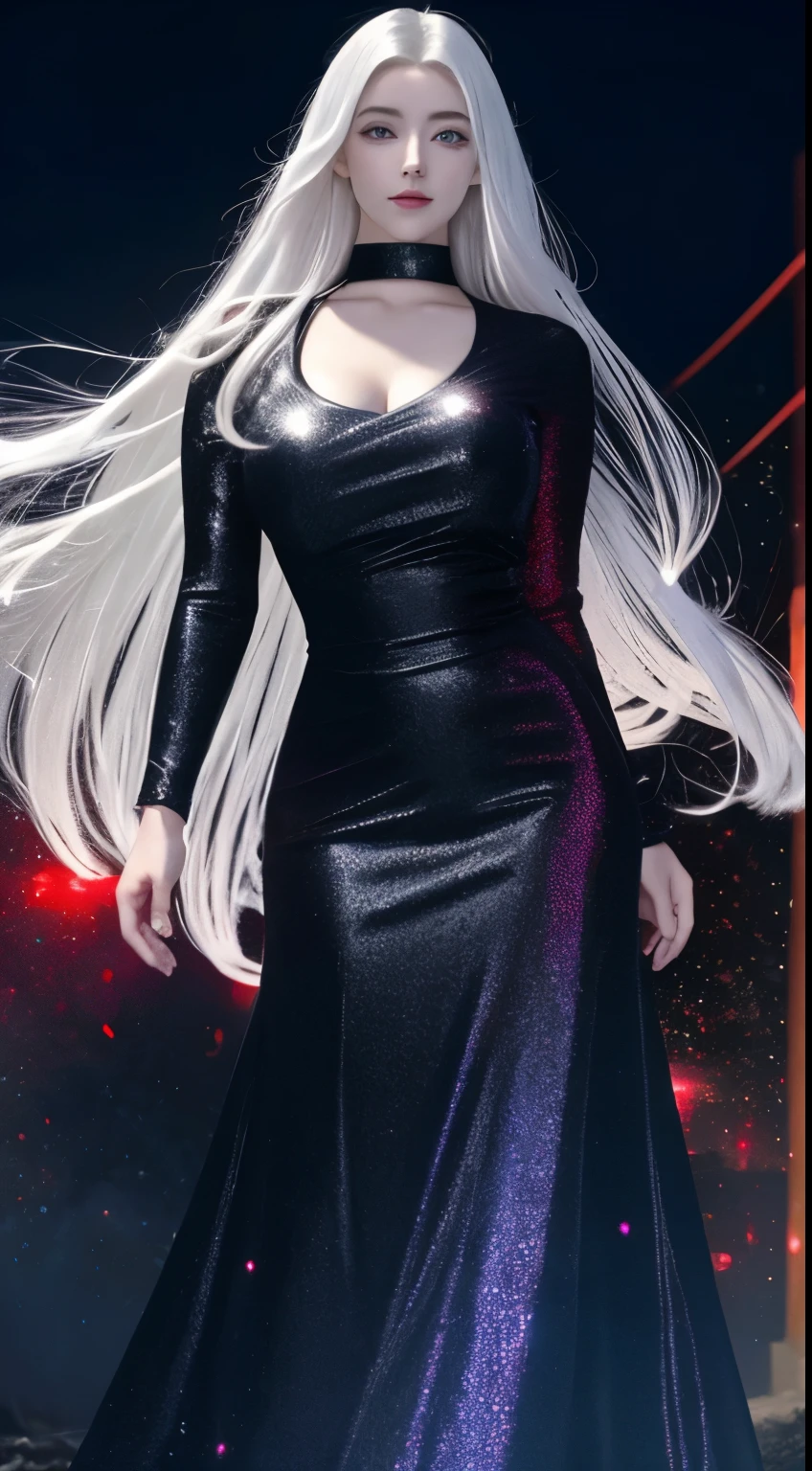 (simple hands:0.5)+(detailed hands:0.7), (masterwork), (best quality), white hair, red eyes,1girl, pale skin, white hair, red eyes, two tone hair, eyelashes, bracelet, jewelry, smile, gleaming skin, shiny hair, detailed and majestic stage, Fantasy, Long Hair, 1 girl, two-tone hair, night sky, Incredibly detailed CG illustration masterpiece, looking at you, anime, beautiful anime eyes, beautiful detailed eyes, eyes, glittering eyes, red eyes, galaxy, nebula, (full body), (curvy),