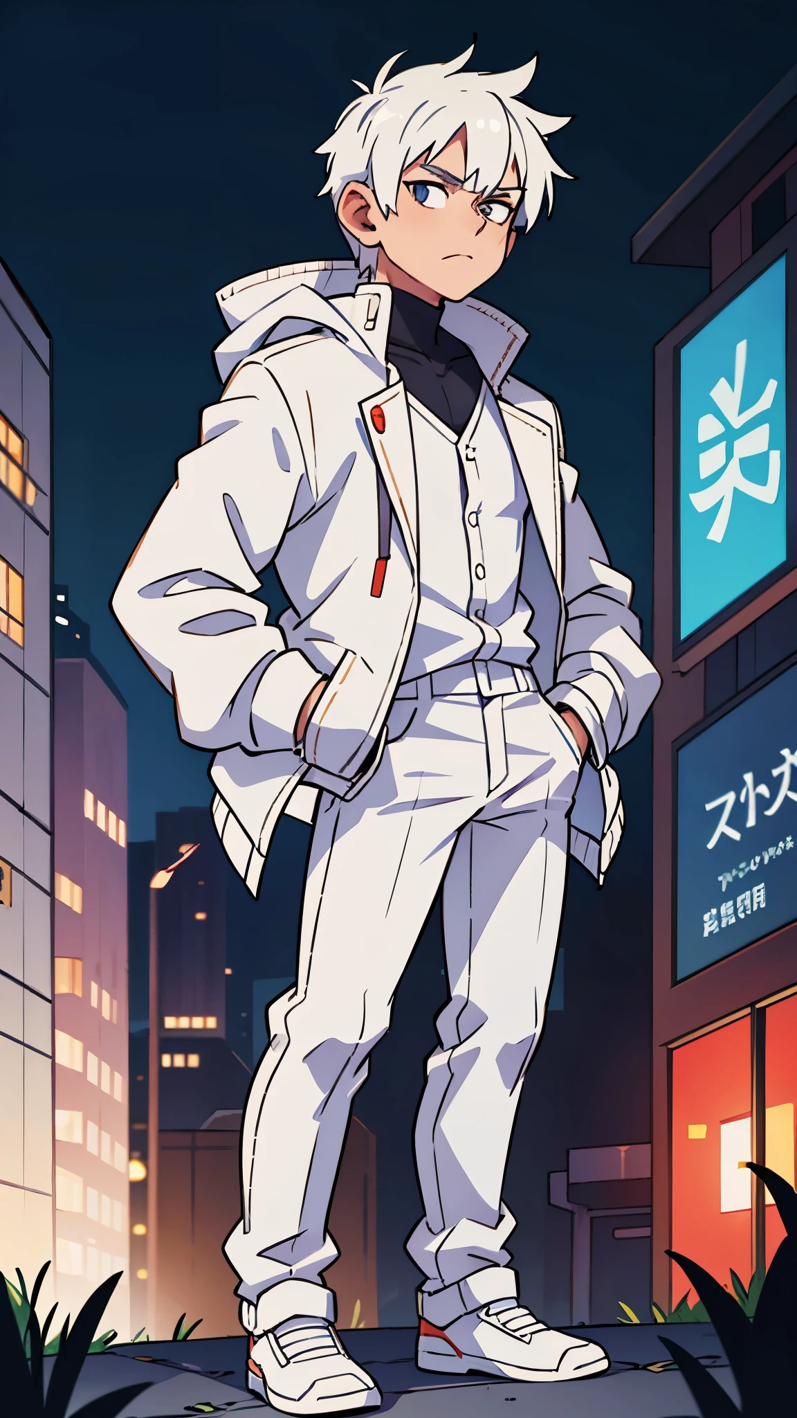 1 white haired male , hands in pockets , in a night city , wearing white jacket
