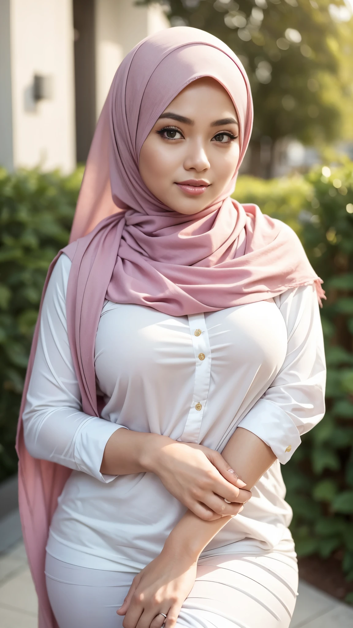 RAW, Best quality, high resolution, masterpiece: 1.3), beautiful Malay woman in hijab,Masterpiece, perfect  fit body, big breast, biggorgeous eyes, Soft smile,thick thighs,muslim close up of a woman in a white shirt and pink scarf posing for a picture, feminine in cute pastel shades, white hijab, hijab, with beautiful exotic, wearing beautiful clothes, katelynn long cute style, long in pastel shades, with lovely look, City garden, Excellent lighting, Bright colors, Clean lines