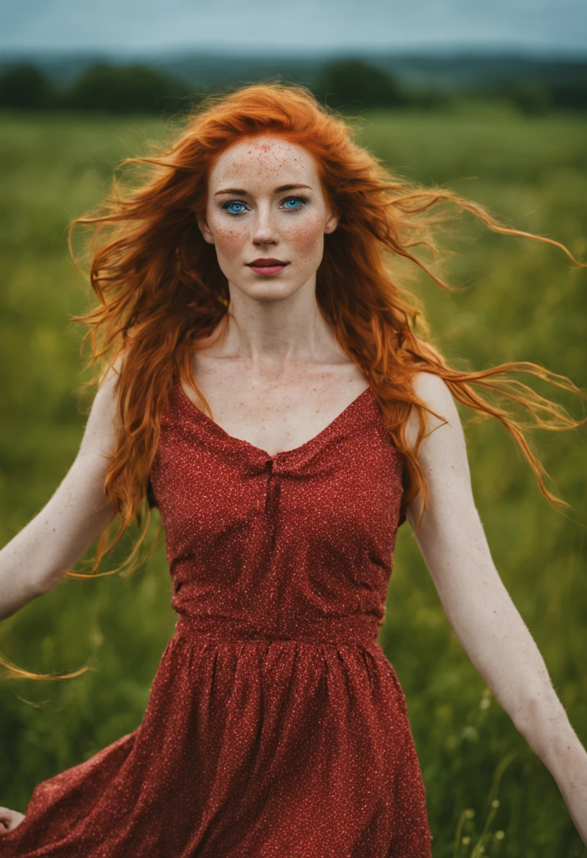 beautiful irish woman, freckles, red heir, blue eyes, dancing on a meadow, irish landscape, summer