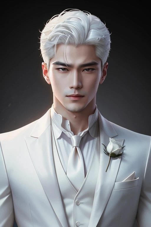 there is a man with white hair and a white suit holding a rose, by Yang J, ig model | artgerm, extremely detailed white haired deity, beautiful androgynous prince, neoartcore and charlie bowater, epic exquisite male character art, approaching perfection, shot with Sony A7 IV for HD image quality, 办公室