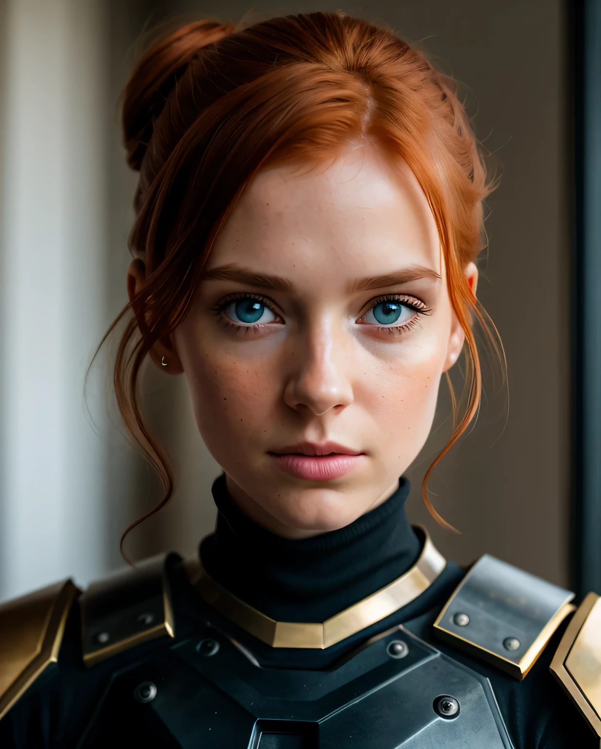 1girl, skin pores texture, an eye contact of a ((redhead)) with bun hair, blue eyes, ((Joana Gate)) 23 years old, piercing eyes, HD , Photography, movie, cinematic, full Body armor orange, blue and gold, hero, Realistic, (8k, RAW photo, best quality, masterpiece:1.2), (realistic, photo-realistic:1.33), best quality, cute,natural lighting, depth of field, film grain, wrinkled skin, sharp, detailed