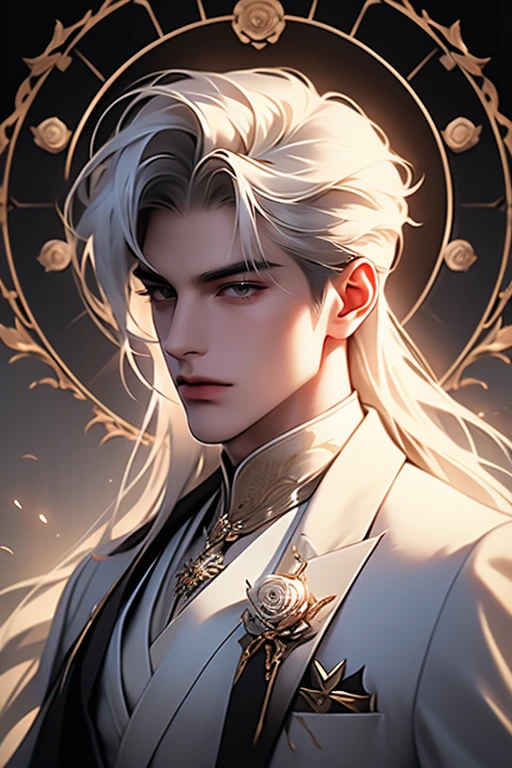 there is a man with white hair and a white suit holding a rose, by Yang J, ig model | artgerm, extremely detailed white haired deity, beautiful androgynous prince, neoartcore and charlie bowater, epic exquisite male character art, approaching perfection, shot with Sony A7 IV for HD image quality, 办公室